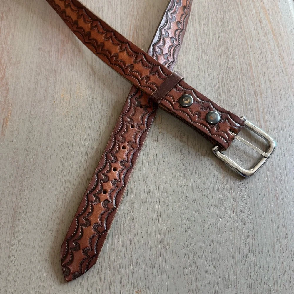 Western Tooled Brown Leather Cowboy Belt Size 45 Made In USA Scrollwork